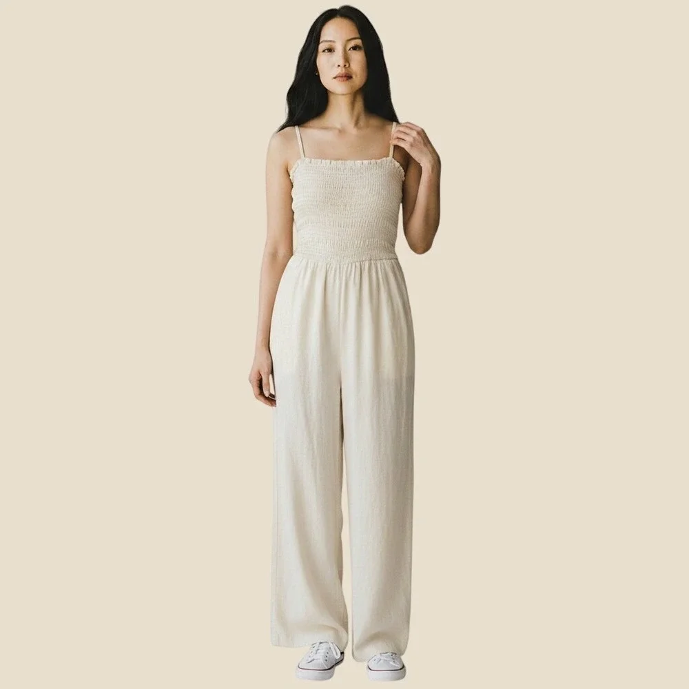 H&M Smocked Linen Blend Wide Leg Jumpsuit Cream Beige Summer Minimalist Small